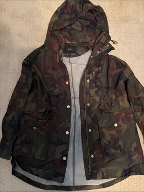 J. Crew Camouflage Hooded Rain Jacket - Olive & Brown